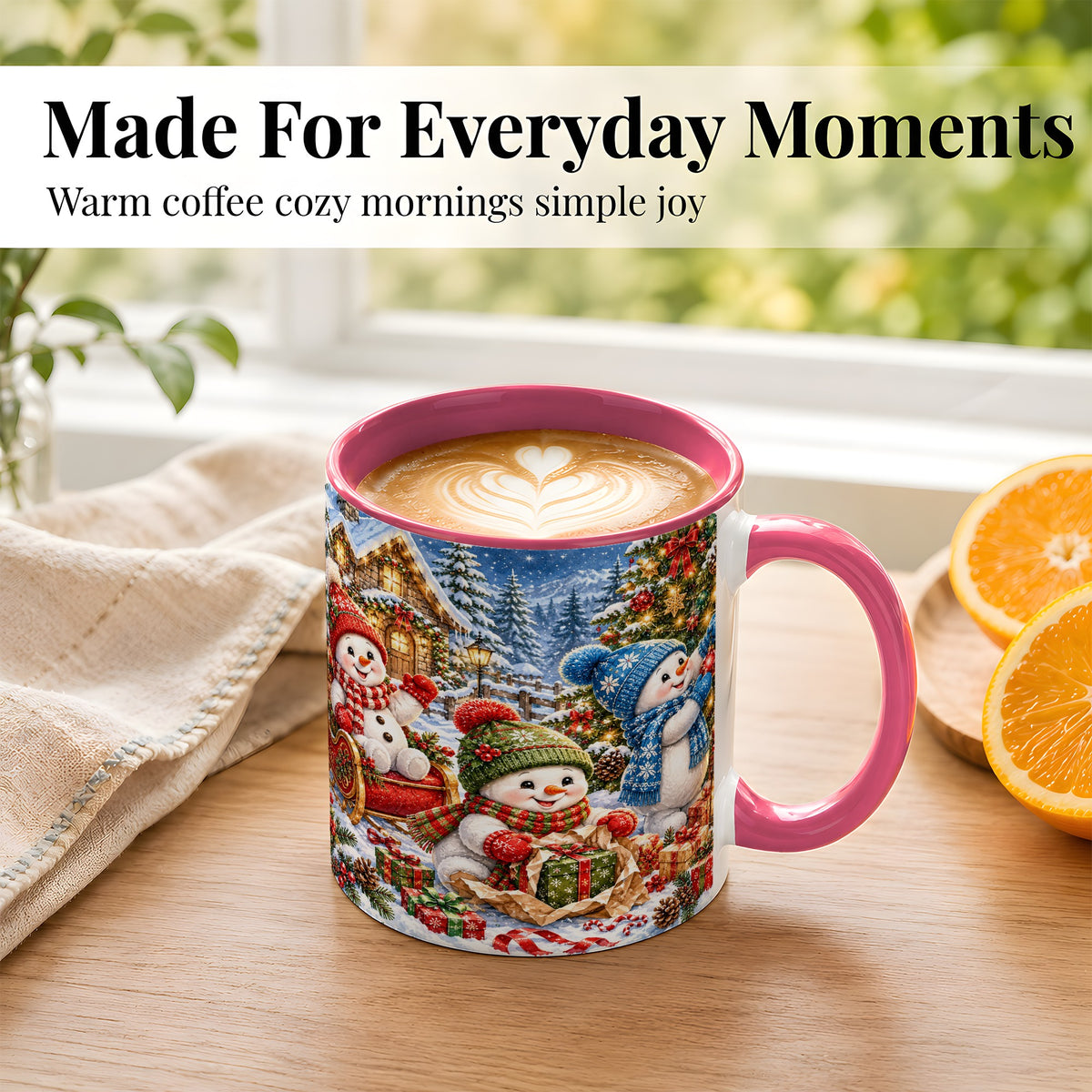 #pl[11oz|Pink] Snowman Trio Coffee Mug, Christmas Snowman Mug, Ceramic Cup