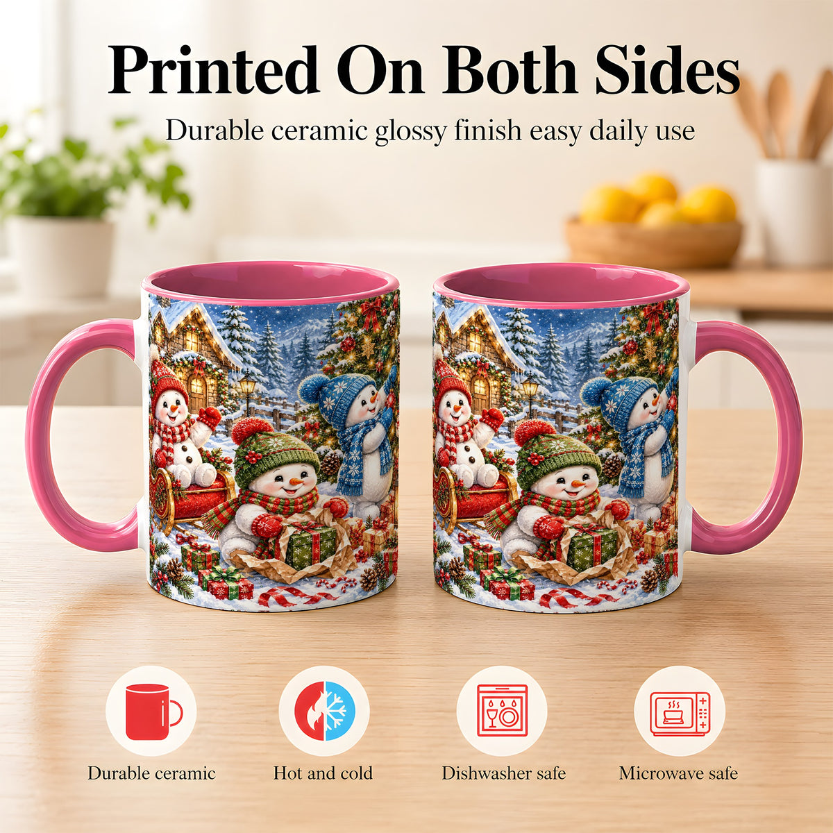 #pl[11oz|Pink] Snowman Trio Coffee Mug, Christmas Snowman Mug, Ceramic Cup