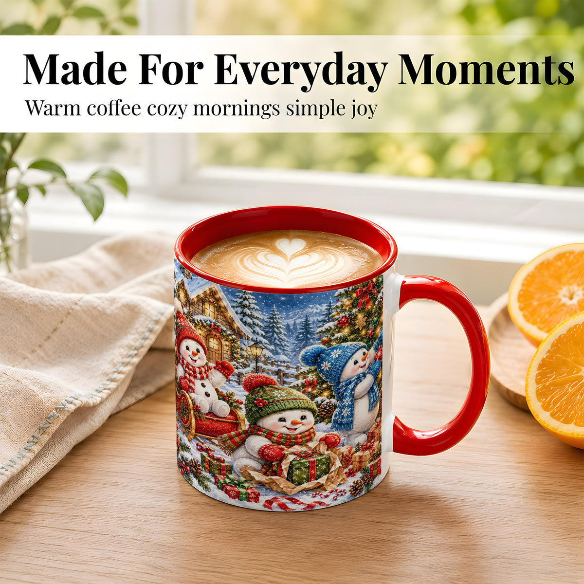 #pl[11oz|Red] Snowman Trio Coffee Mug, Christmas Snowman Mug, Ceramic Cup