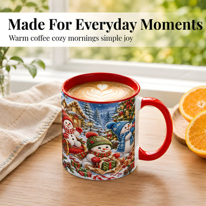 #pl[11oz|Red] Snowman Trio Coffee Mug, Christmas Snowman Mug, Ceramic Cup