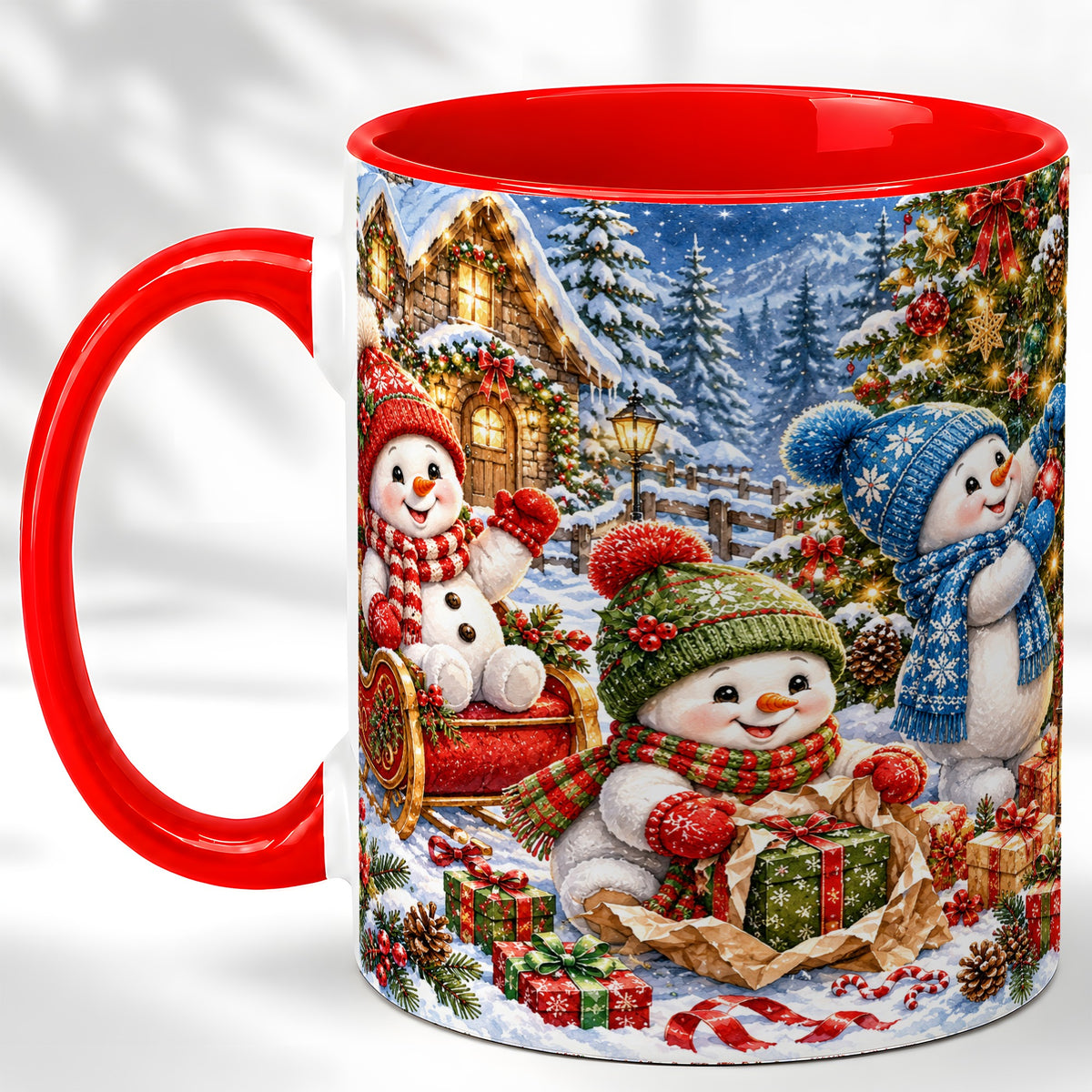 Snowman Trio Coffee Mug, Christmas Snowman Mug, Ceramic Cup