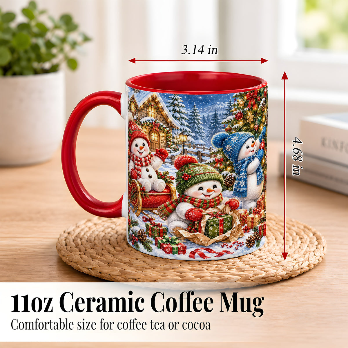 #pl[11oz|Red] Snowman Trio Coffee Mug, Christmas Snowman Mug, Ceramic Cup