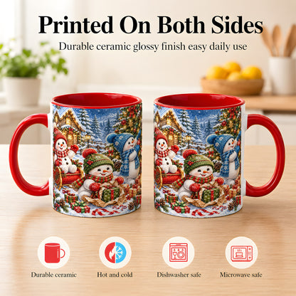 #pl[11oz|Red] Snowman Trio Coffee Mug, Christmas Snowman Mug, Ceramic Cup