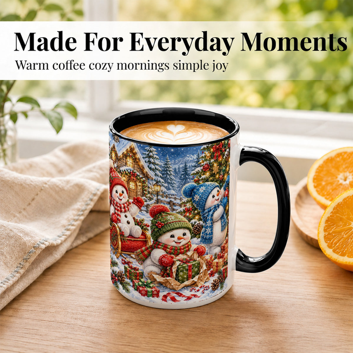 #pl[15oz|Black] Snowman Trio Coffee Mug, Christmas Snowman Mug, Ceramic Cup