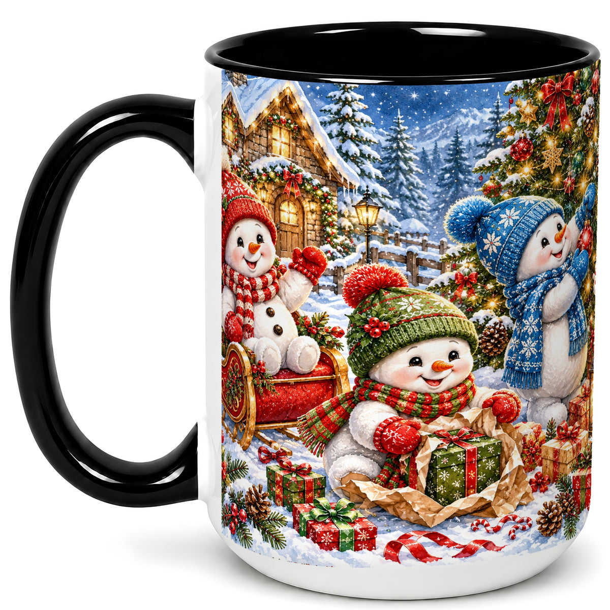 #pl[15oz|Black] Snowman Trio Coffee Mug, Christmas Snowman Mug, Ceramic Cup