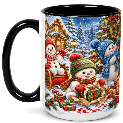 #pl[15oz|Black] Snowman Trio Coffee Mug, Christmas Snowman Mug, Ceramic Cup