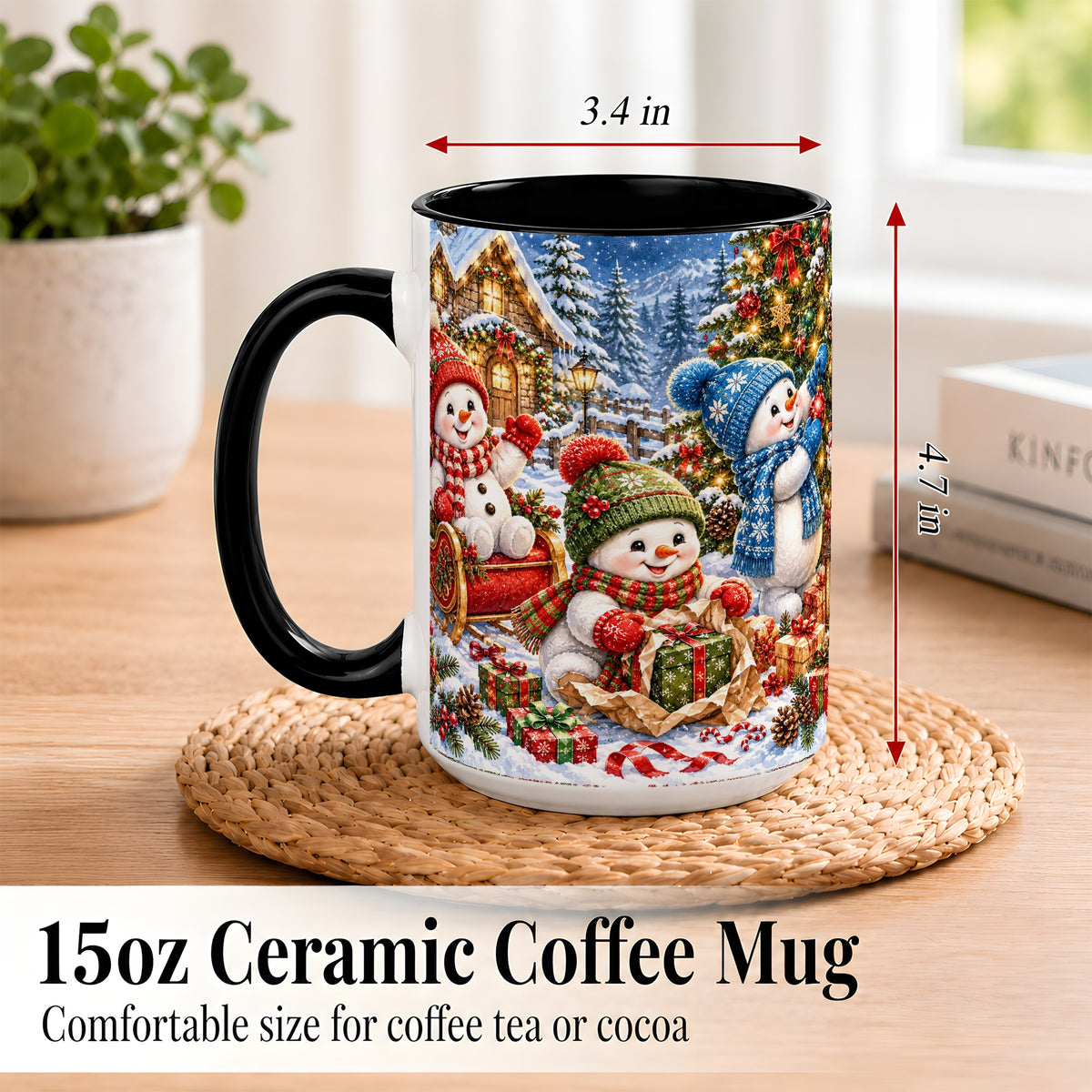 #pl[15oz|Black] Snowman Trio Coffee Mug, Christmas Snowman Mug, Ceramic Cup