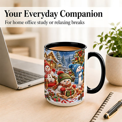 #pl[15oz|Black] Snowman Trio Coffee Mug, Christmas Snowman Mug, Ceramic Cup