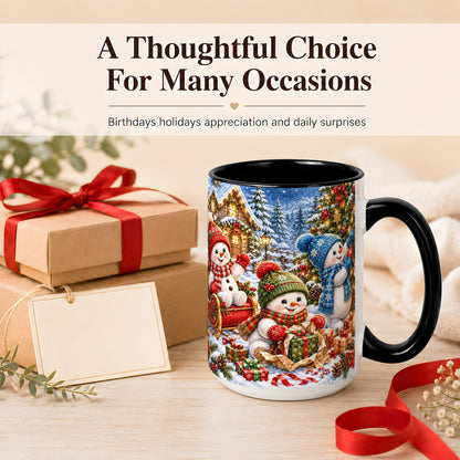 #pl[15oz|Black] Snowman Trio Coffee Mug, Christmas Snowman Mug, Ceramic Cup