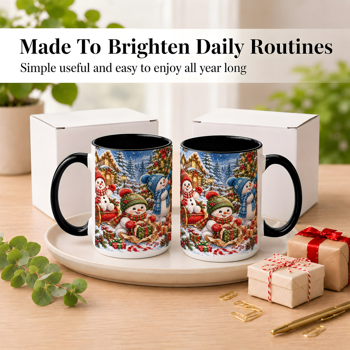 #pl[15oz|Black] Snowman Trio Coffee Mug, Christmas Snowman Mug, Ceramic Cup