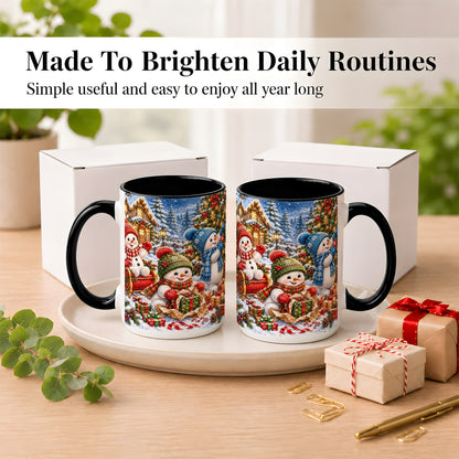 #pl[15oz|Black] Snowman Trio Coffee Mug, Christmas Snowman Mug, Ceramic Cup