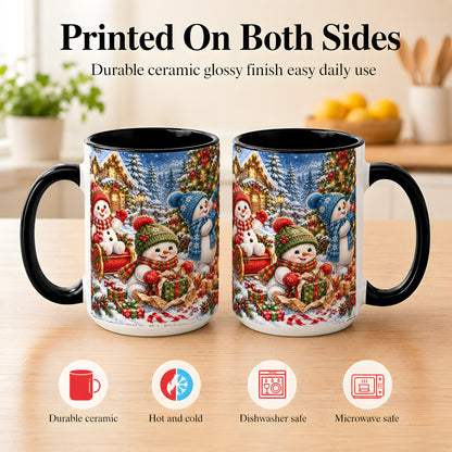 #pl[15oz|Black] Snowman Trio Coffee Mug, Christmas Snowman Mug, Ceramic Cup