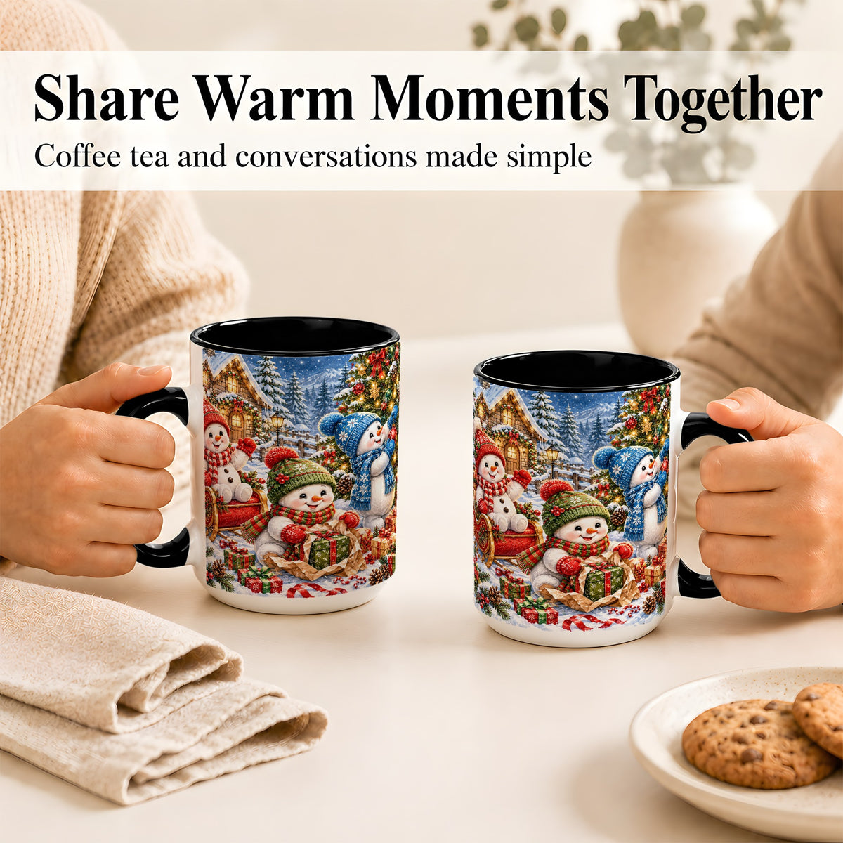 #pl[15oz|Black] Snowman Trio Coffee Mug, Christmas Snowman Mug, Ceramic Cup