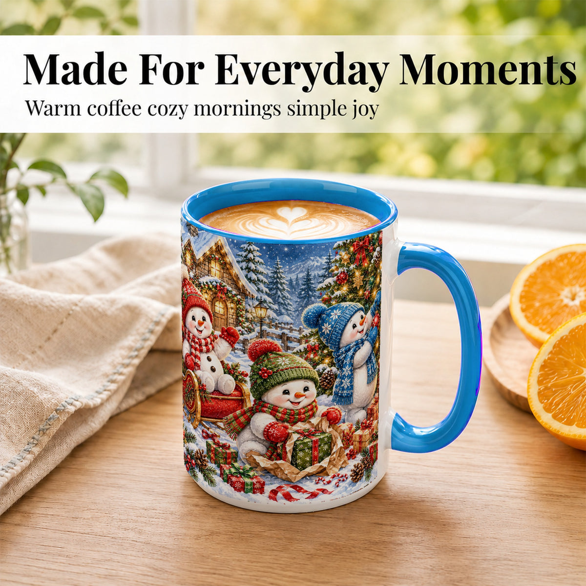 #pl[15oz|Blue] Snowman Trio Coffee Mug, Christmas Snowman Mug, Ceramic Cup