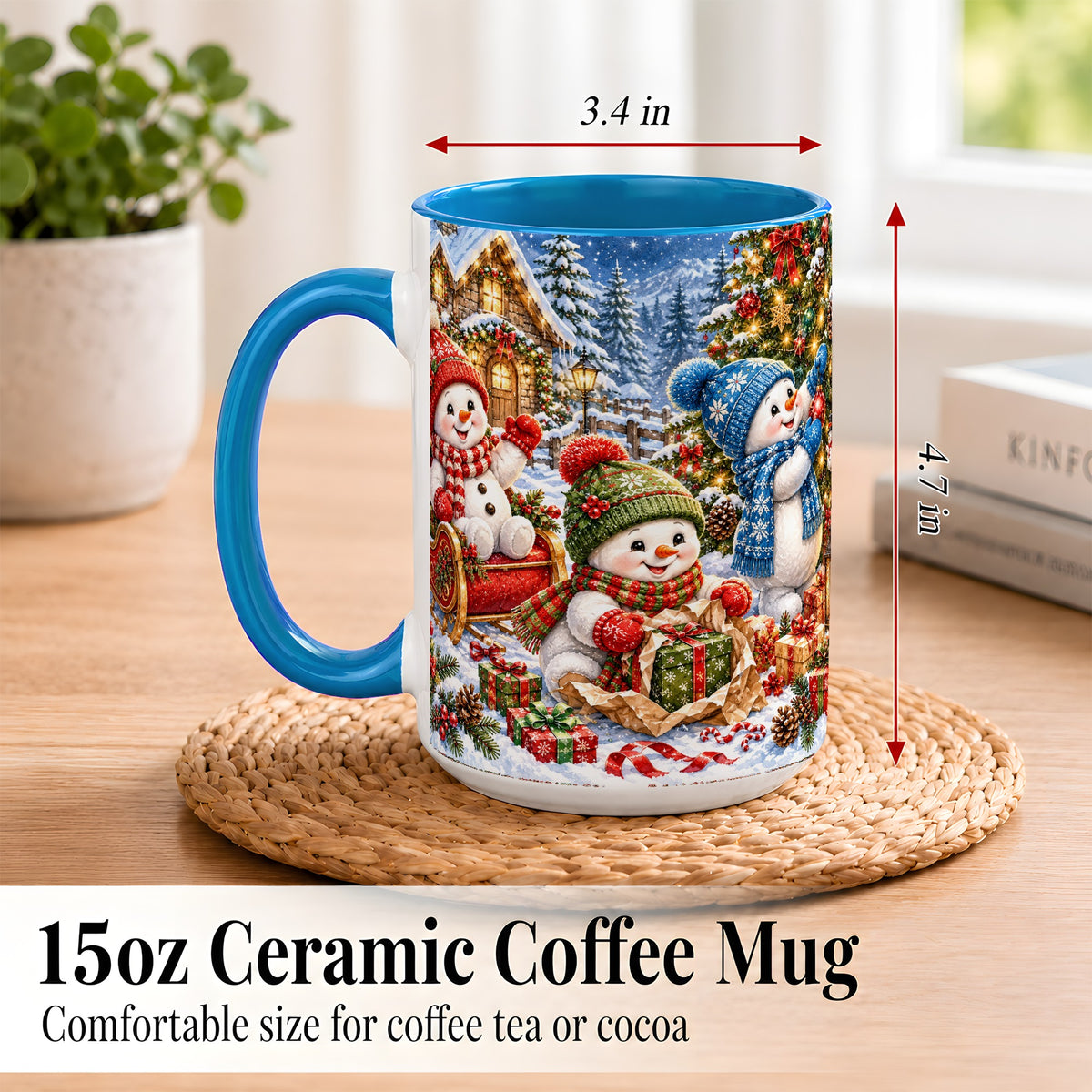 #pl[15oz|Blue] Snowman Trio Coffee Mug, Christmas Snowman Mug, Ceramic Cup