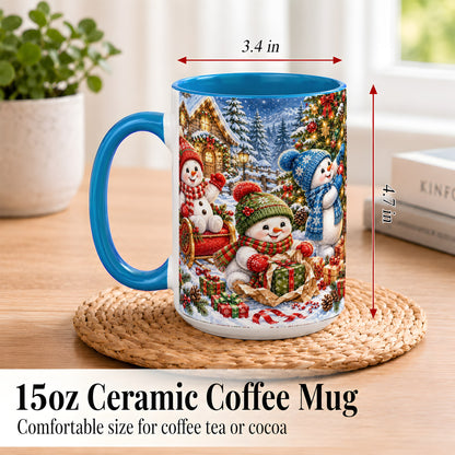 #pl[15oz|Blue] Snowman Trio Coffee Mug, Christmas Snowman Mug, Ceramic Cup