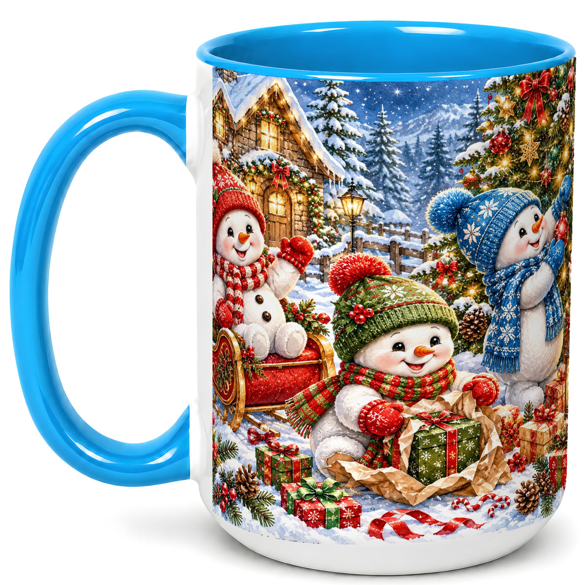 #pl[15oz|Blue] Snowman Trio Coffee Mug, Christmas Snowman Mug, Ceramic Cup