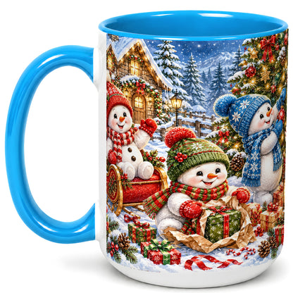 #pl[15oz|Blue] Snowman Trio Coffee Mug, Christmas Snowman Mug, Ceramic Cup