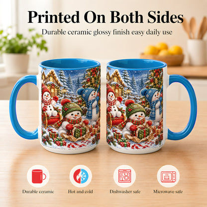 #pl[15oz|Blue] Snowman Trio Coffee Mug, Christmas Snowman Mug, Ceramic Cup