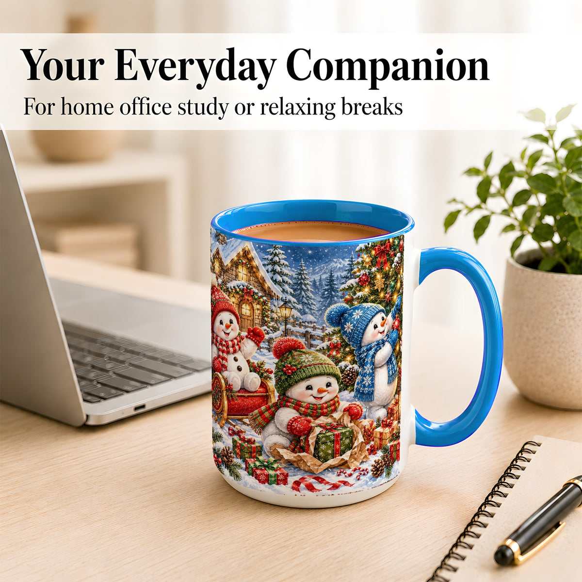#pl[15oz|Blue] Snowman Trio Coffee Mug, Christmas Snowman Mug, Ceramic Cup