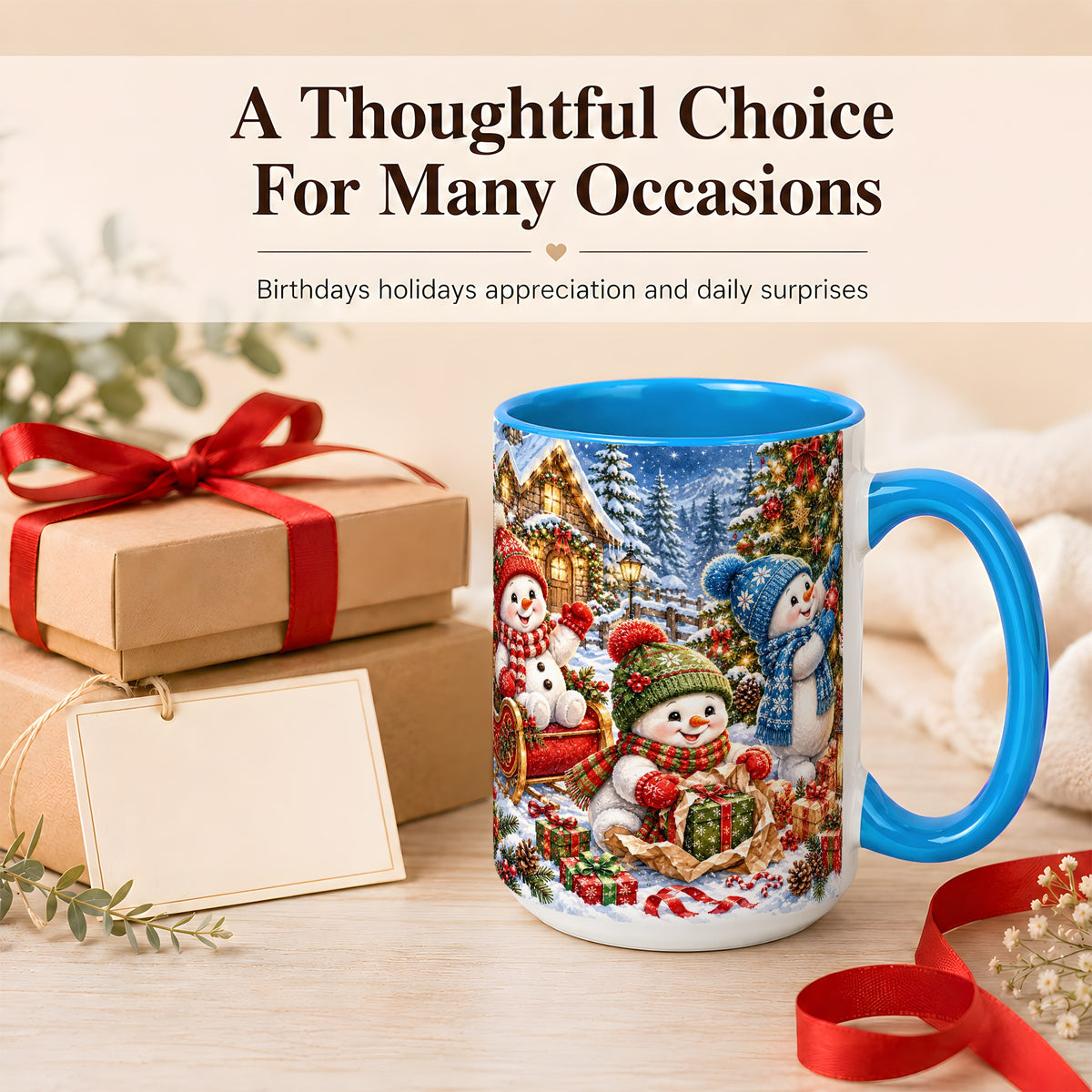 #pl[15oz|Blue] Snowman Trio Coffee Mug, Christmas Snowman Mug, Ceramic Cup