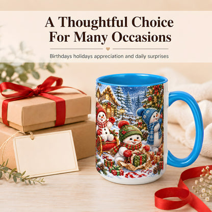 #pl[15oz|Blue] Snowman Trio Coffee Mug, Christmas Snowman Mug, Ceramic Cup