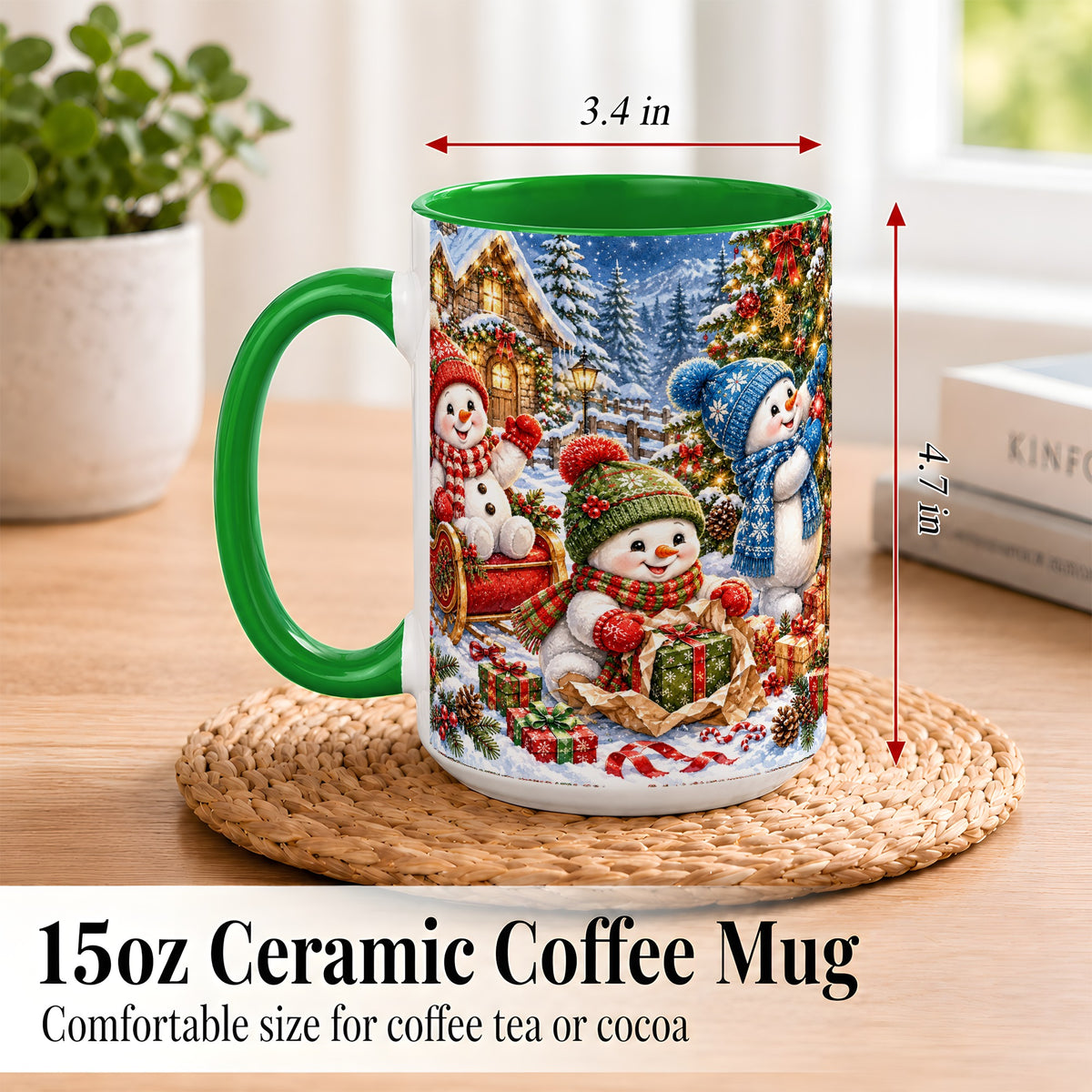 #pl[15oz|Green] Snowman Trio Coffee Mug, Christmas Snowman Mug, Ceramic Cup