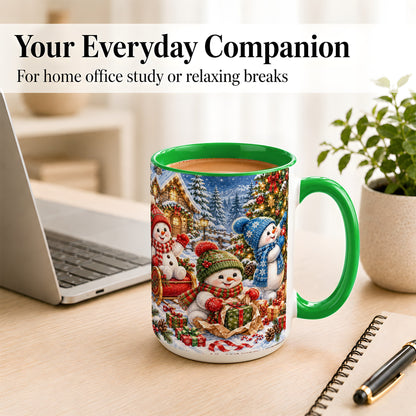 #pl[15oz|Green] Snowman Trio Coffee Mug, Christmas Snowman Mug, Ceramic Cup