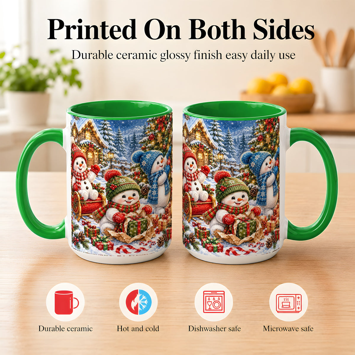 #pl[15oz|Green] Snowman Trio Coffee Mug, Christmas Snowman Mug, Ceramic Cup