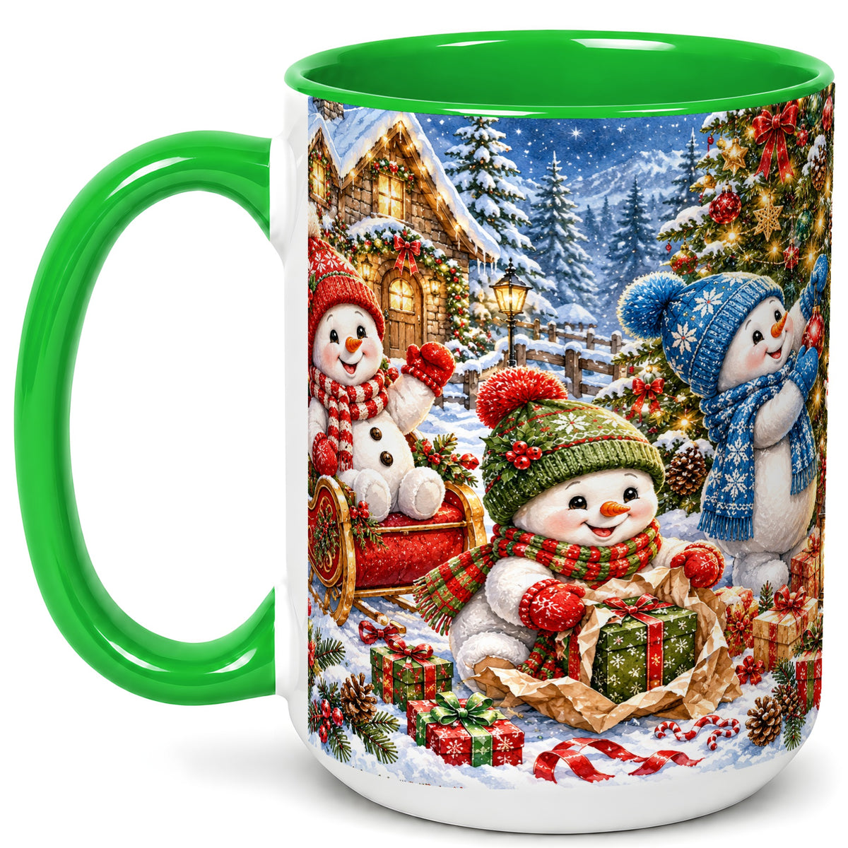 #pl[15oz|Green] Snowman Trio Coffee Mug, Christmas Snowman Mug, Ceramic Cup