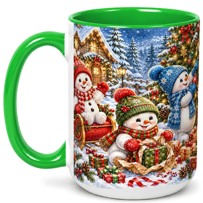 #pl[15oz|Green] Snowman Trio Coffee Mug, Christmas Snowman Mug, Ceramic Cup