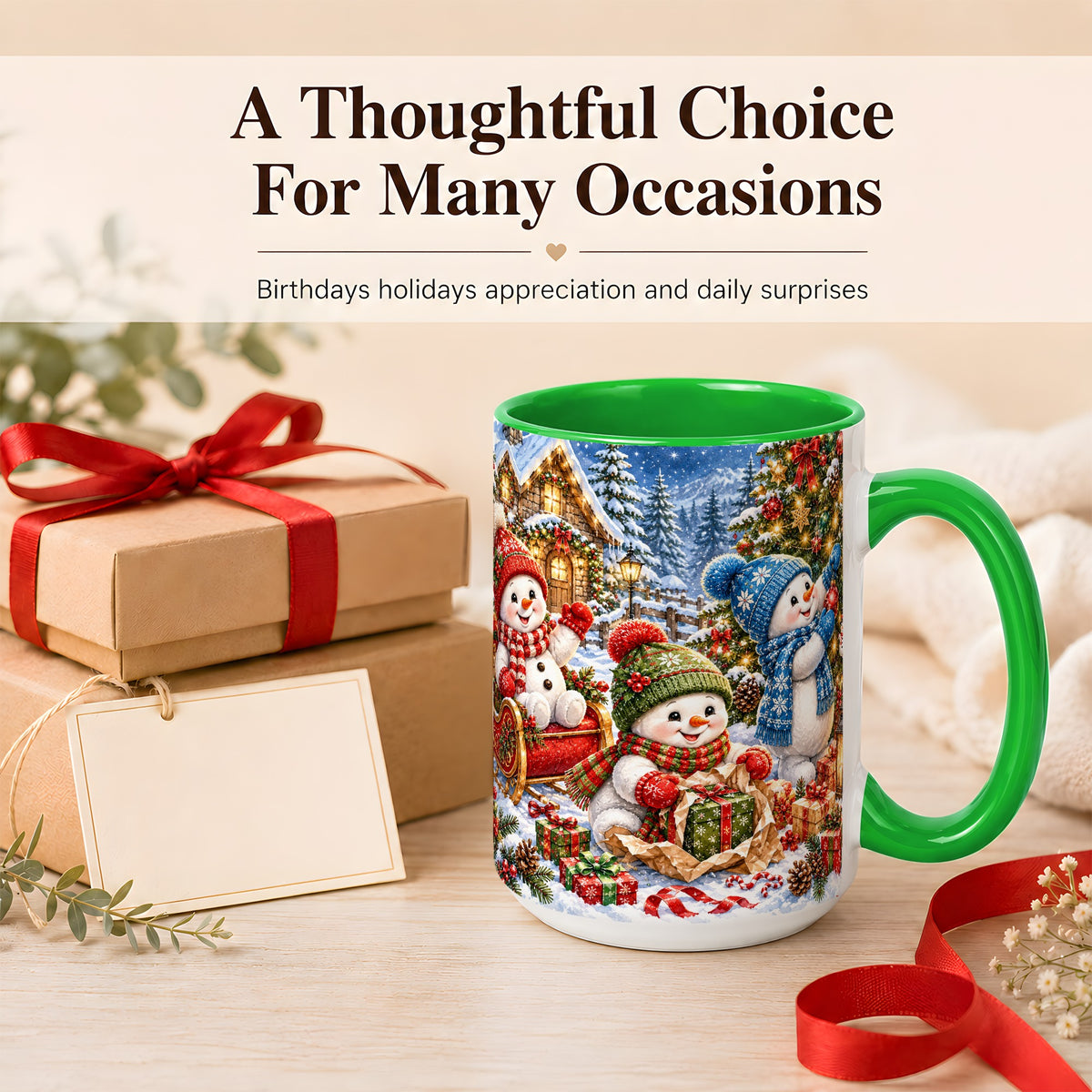 #pl[15oz|Green] Snowman Trio Coffee Mug, Christmas Snowman Mug, Ceramic Cup