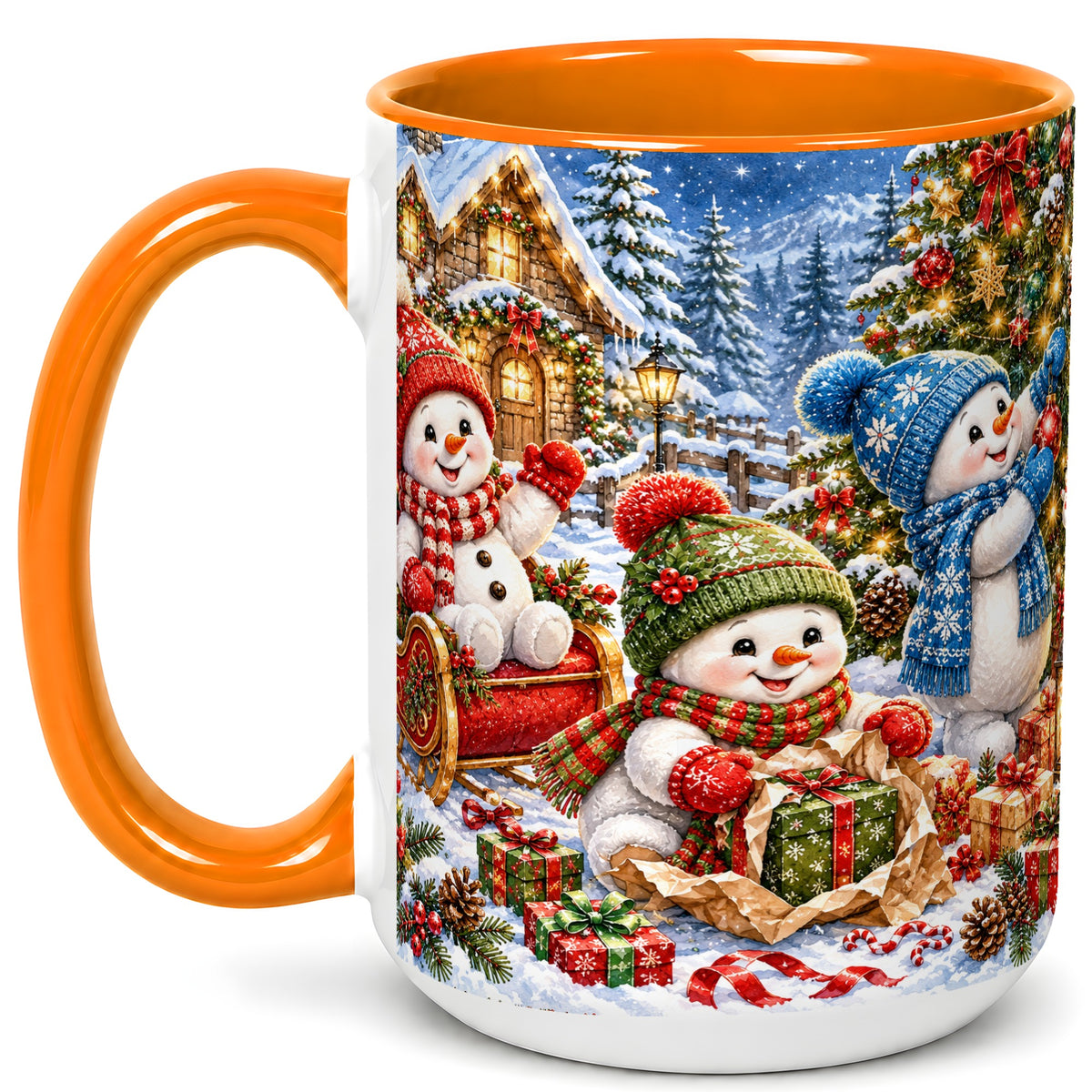 #pl[15oz|Orange] Snowman Trio Coffee Mug, Christmas Snowman Mug, Ceramic Cup