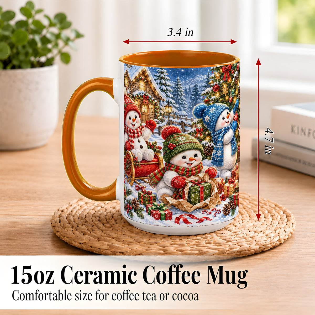 #pl[15oz|Orange] Snowman Trio Coffee Mug, Christmas Snowman Mug, Ceramic Cup