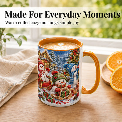 #pl[15oz|Orange] Snowman Trio Coffee Mug, Christmas Snowman Mug, Ceramic Cup