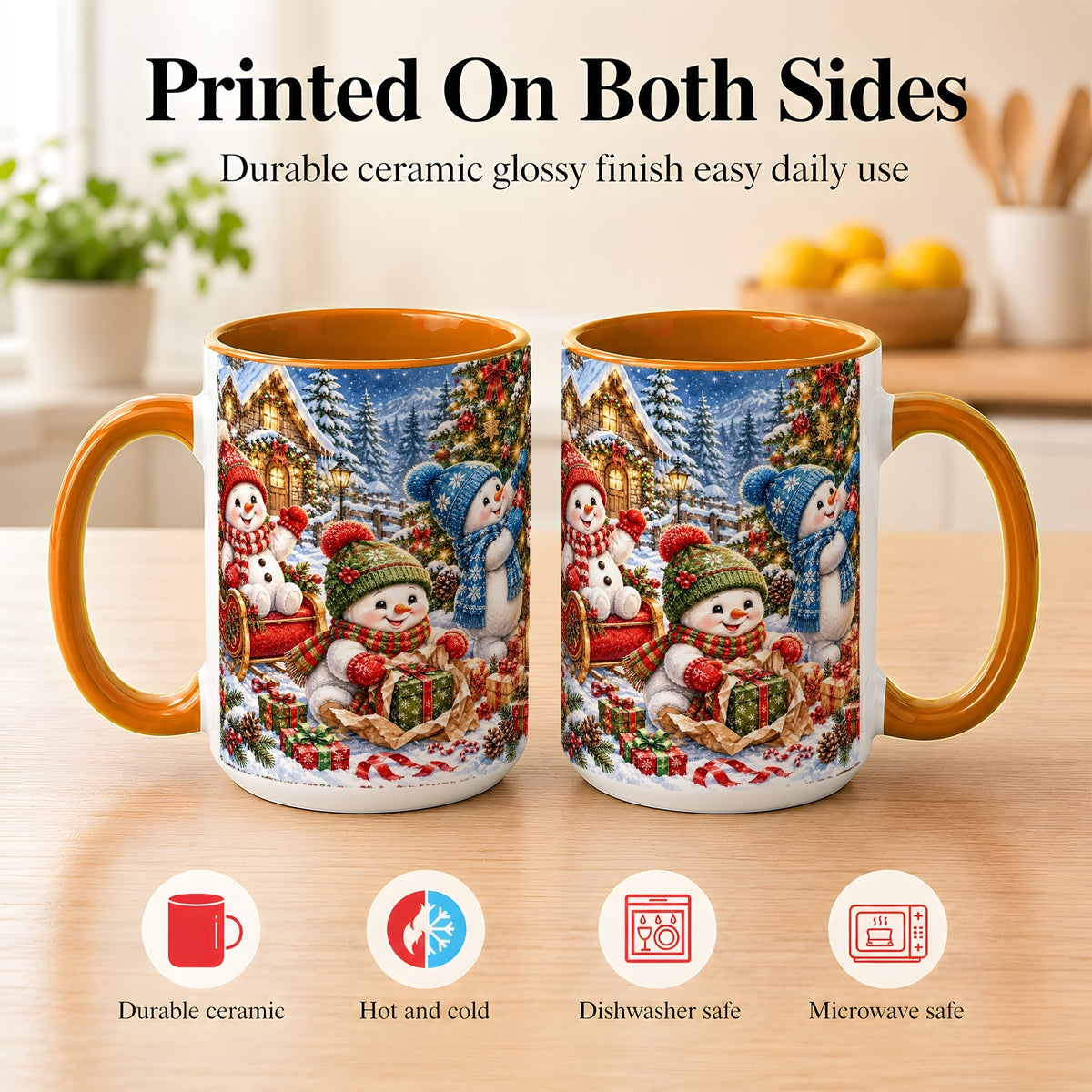 #pl[15oz|Orange] Snowman Trio Coffee Mug, Christmas Snowman Mug, Ceramic Cup
