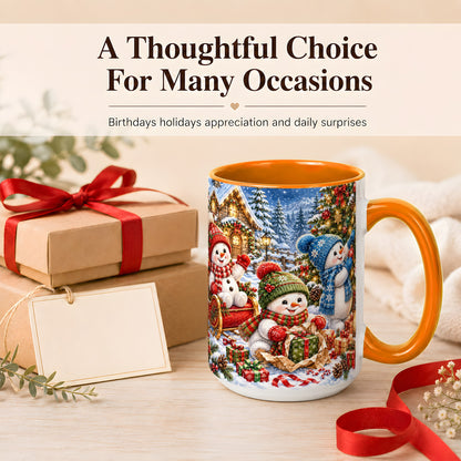 #pl[15oz|Orange] Snowman Trio Coffee Mug, Christmas Snowman Mug, Ceramic Cup