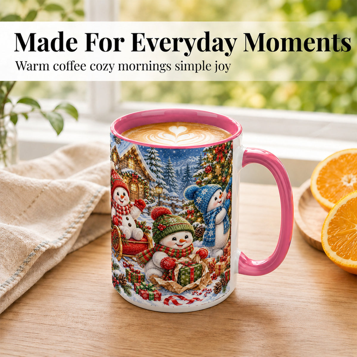 #pl[15oz|Pink] Snowman Trio Coffee Mug, Christmas Snowman Mug, Ceramic Cup