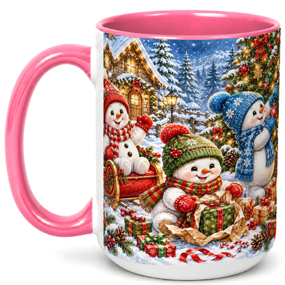#pl[15oz|Pink] Snowman Trio Coffee Mug, Christmas Snowman Mug, Ceramic Cup