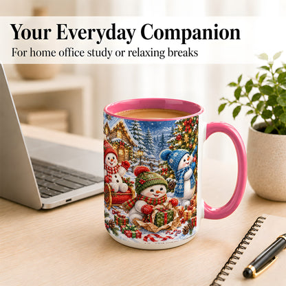 #pl[15oz|Pink] Snowman Trio Coffee Mug, Christmas Snowman Mug, Ceramic Cup