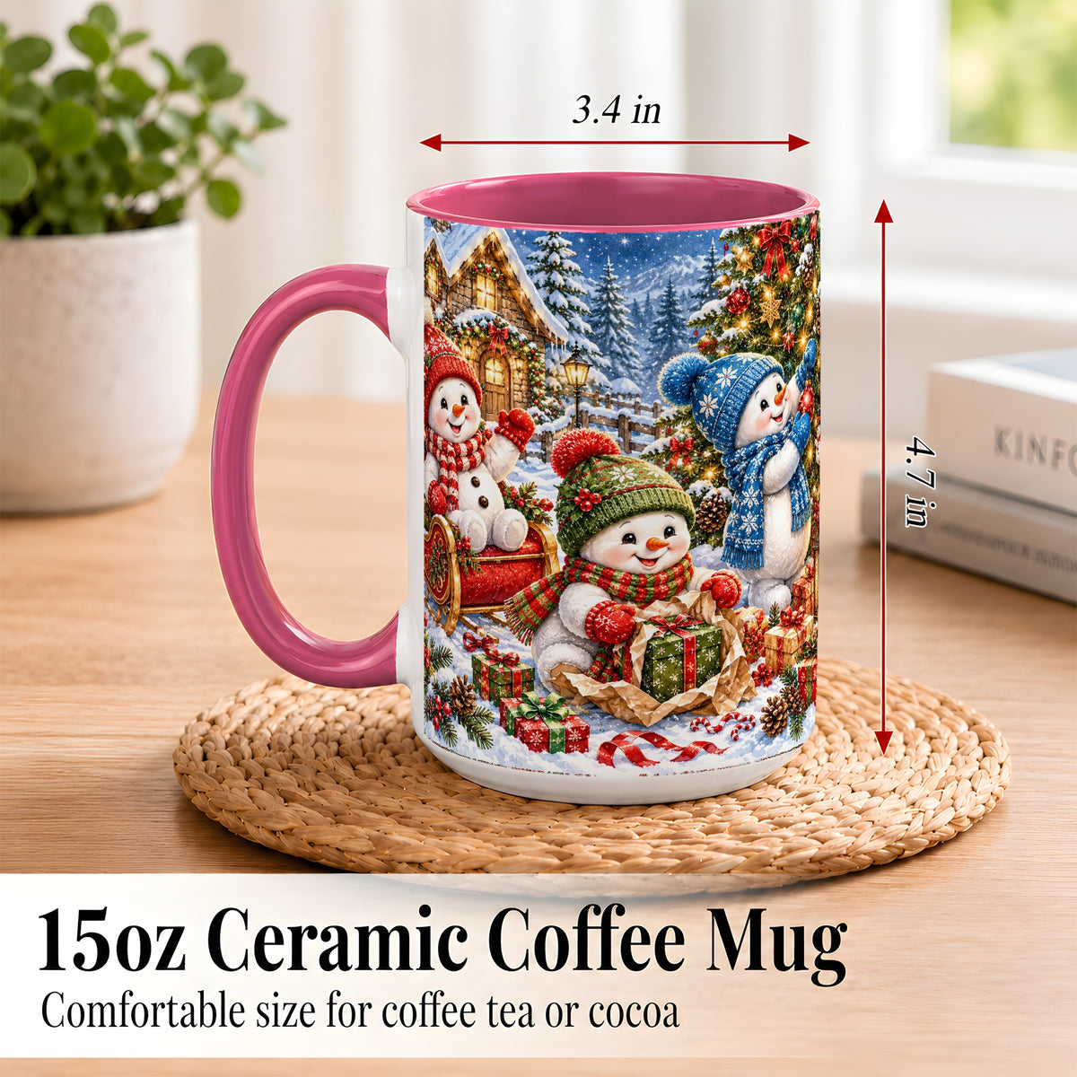 #pl[15oz|Pink] Snowman Trio Coffee Mug, Christmas Snowman Mug, Ceramic Cup