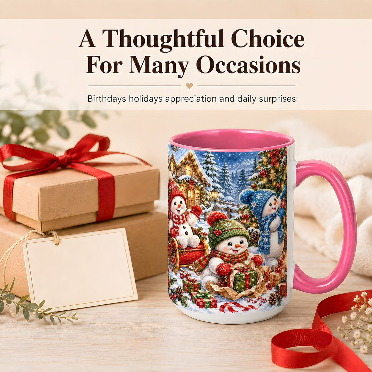 #pl[15oz|Pink] Snowman Trio Coffee Mug, Christmas Snowman Mug, Ceramic Cup