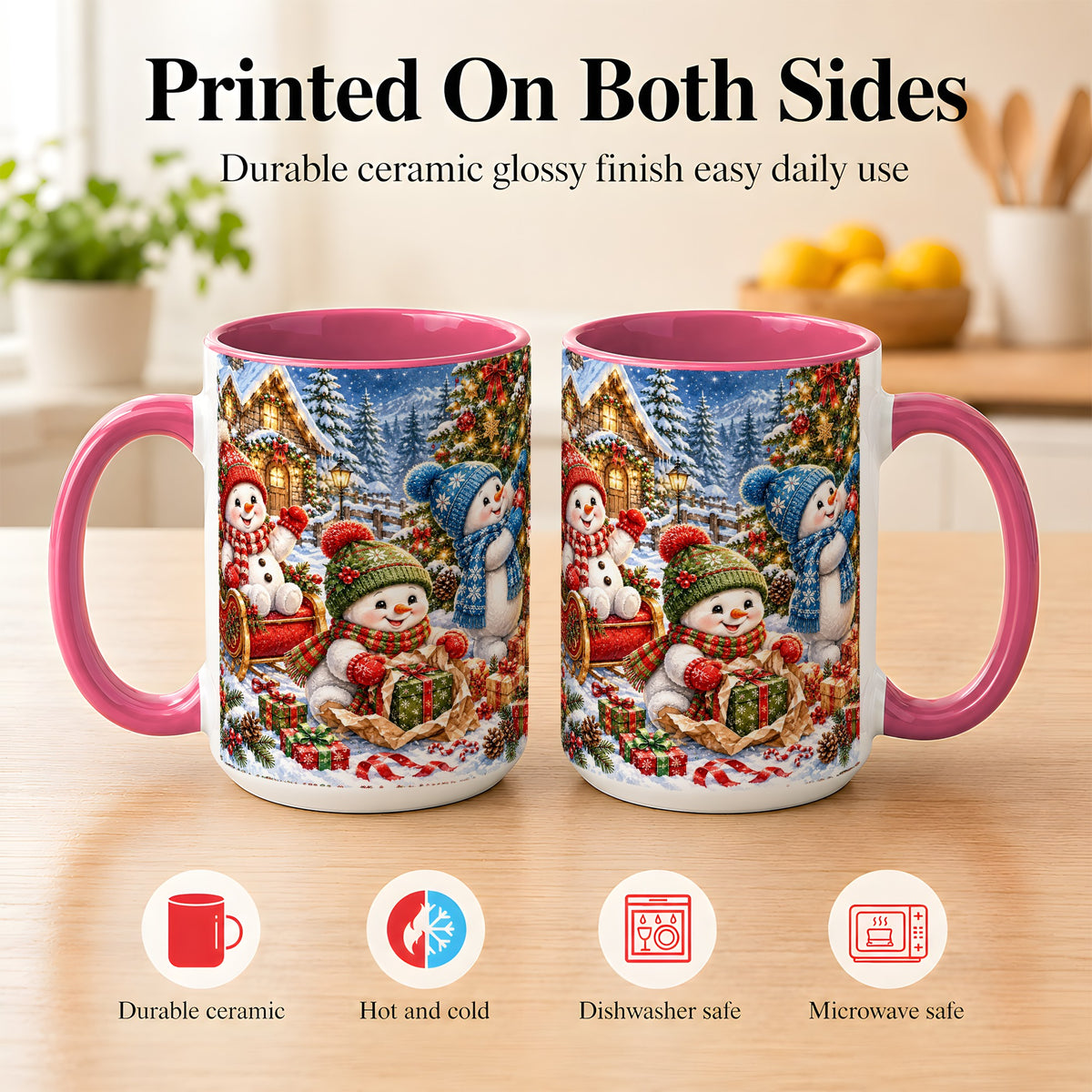 #pl[15oz|Pink] Snowman Trio Coffee Mug, Christmas Snowman Mug, Ceramic Cup