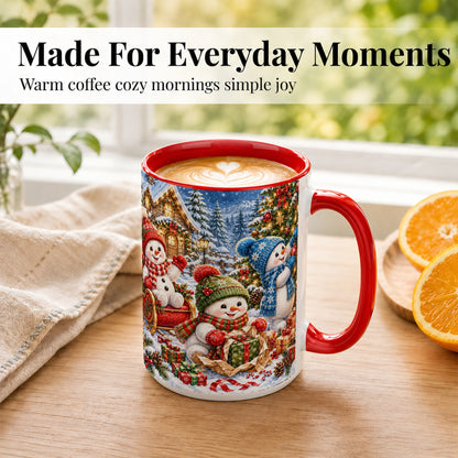 #pl[15oz|Red] Snowman Trio Coffee Mug, Christmas Snowman Mug, Ceramic Cup