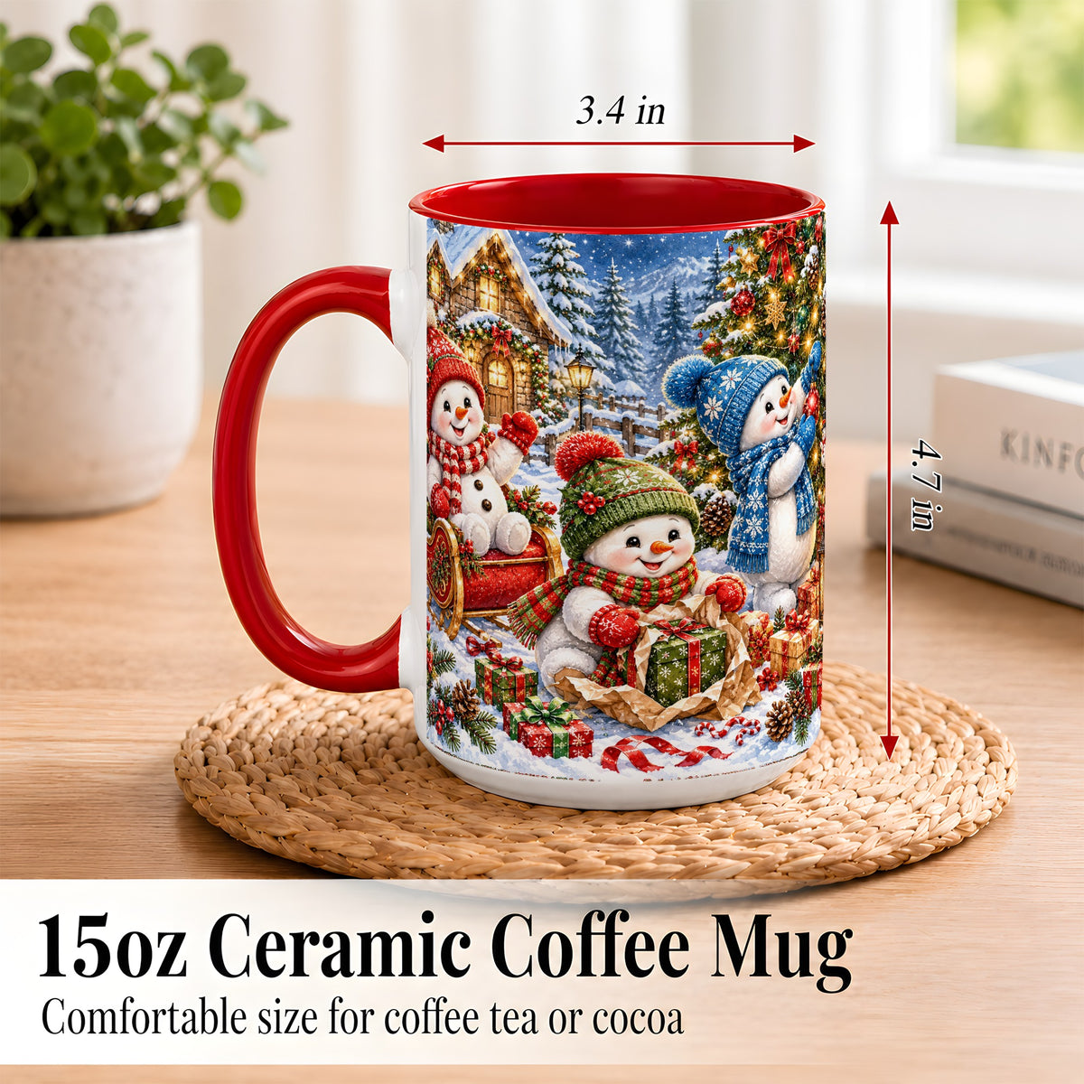 #pl[15oz|Red] Snowman Trio Coffee Mug, Christmas Snowman Mug, Ceramic Cup