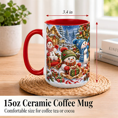 #pl[15oz|Red] Snowman Trio Coffee Mug, Christmas Snowman Mug, Ceramic Cup