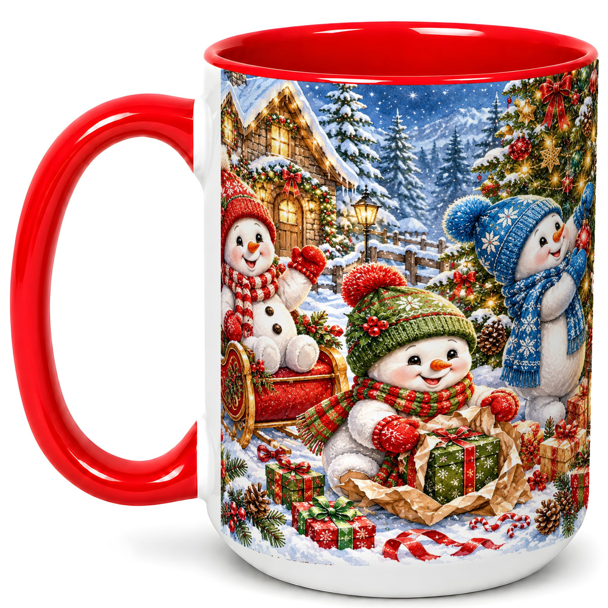 #pl[15oz|Red] Snowman Trio Coffee Mug, Christmas Snowman Mug, Ceramic Cup