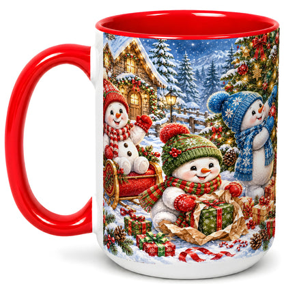 #pl[15oz|Red] Snowman Trio Coffee Mug, Christmas Snowman Mug, Ceramic Cup