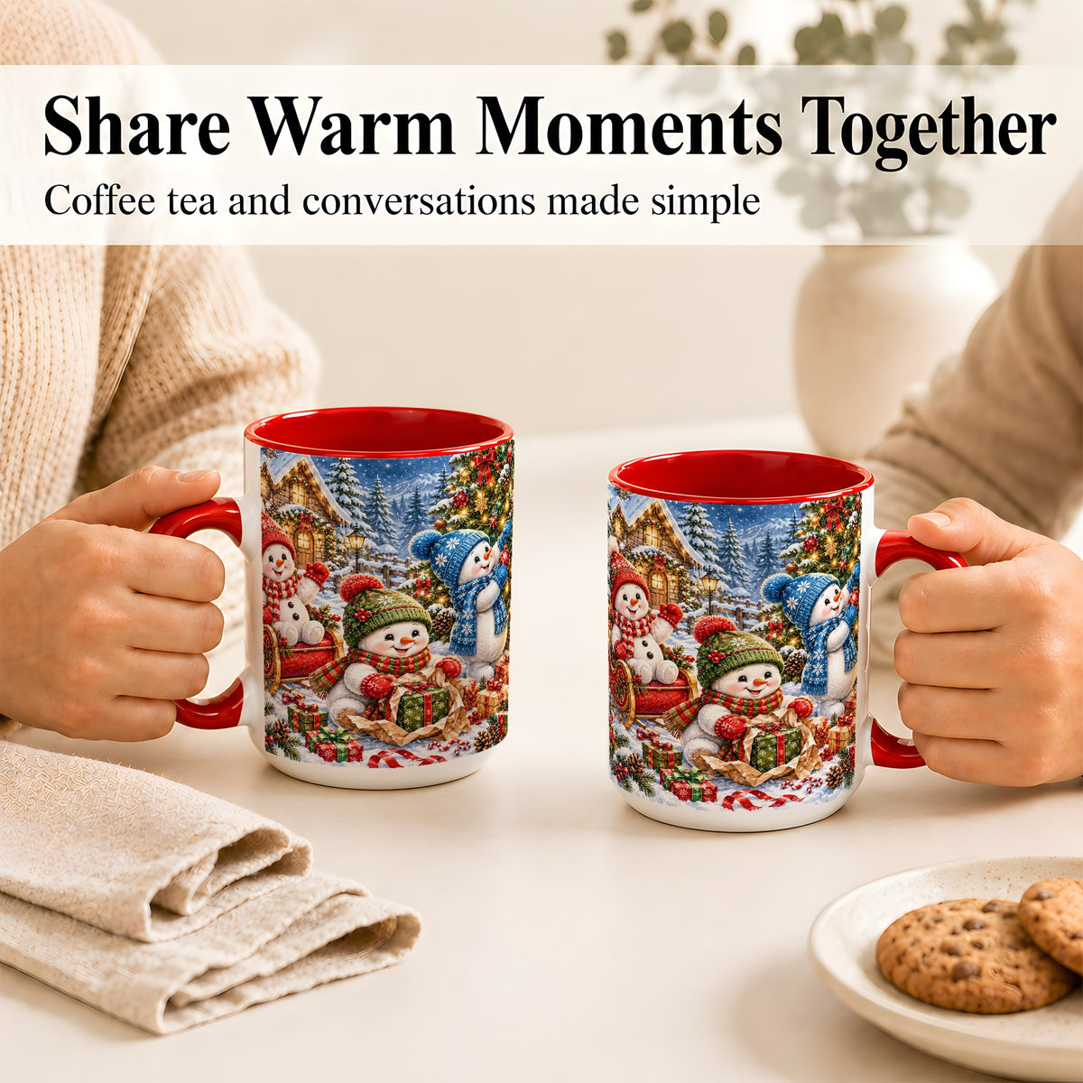 #pl[15oz|Red] Snowman Trio Coffee Mug, Christmas Snowman Mug, Ceramic Cup
