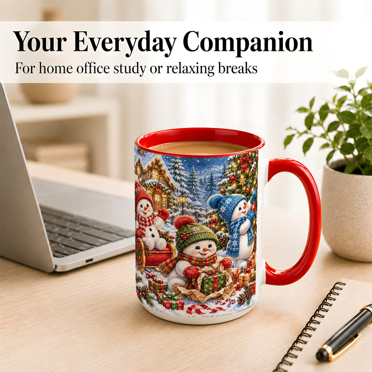 #pl[15oz|Red] Snowman Trio Coffee Mug, Christmas Snowman Mug, Ceramic Cup